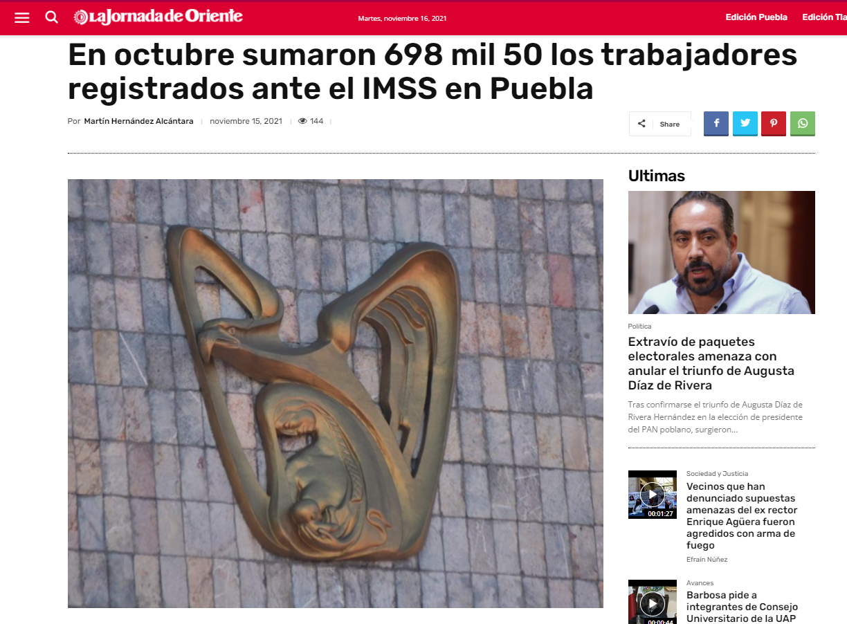 En octubre sumaron 698 mil 50 los trabajadores registrados ante el IMSS en Puebla