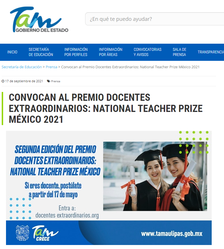 CONVOCAN AL PREMIO DOCENTES EXTRAORDINARIOS: NATIONAL TEACHER PRIZE MÉXICO 2021