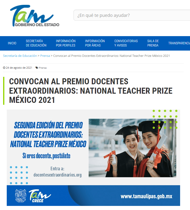 CONVOCAN AL PREMIO DOCENTES EXTRAORDINARIOS: NATIONAL TEACHER PRIZE MÉXICO 2021