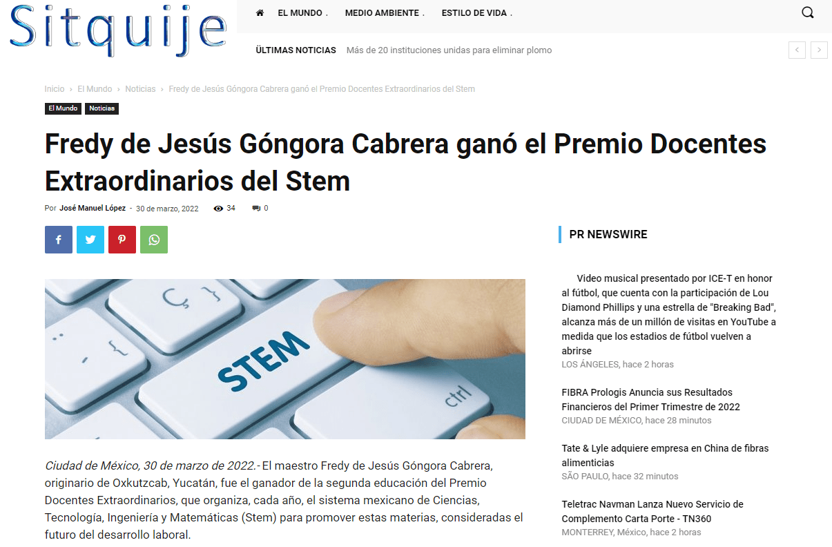 Fredy de Jesús Góngora Cabrera ganó el Premio Docentes Extraordinarios del Stem