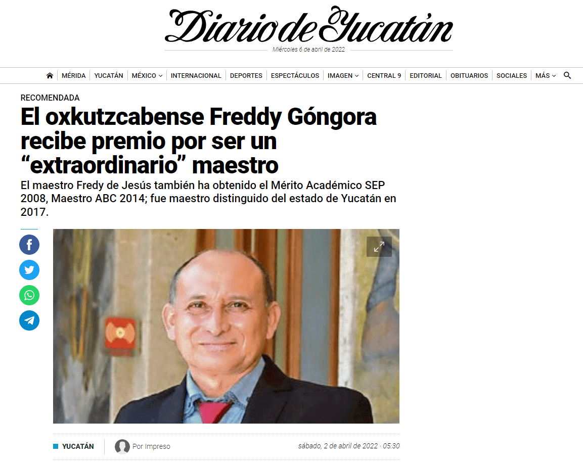 El oxkutzcabense Freddy Góngora recibe premio por ser un “extraordinario” maestro