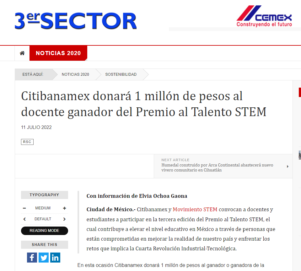 Citibanamex donará 1 millón de pesos al docente ganador del Premio al Talento STEM